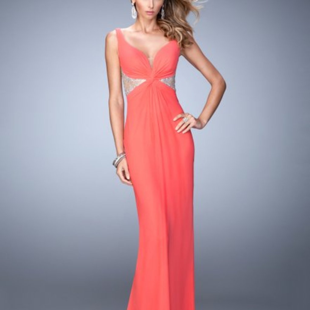 La Femme Pink Grapefruit Rhinestone Sheer-Back Sleeveless Sweetheart Gown